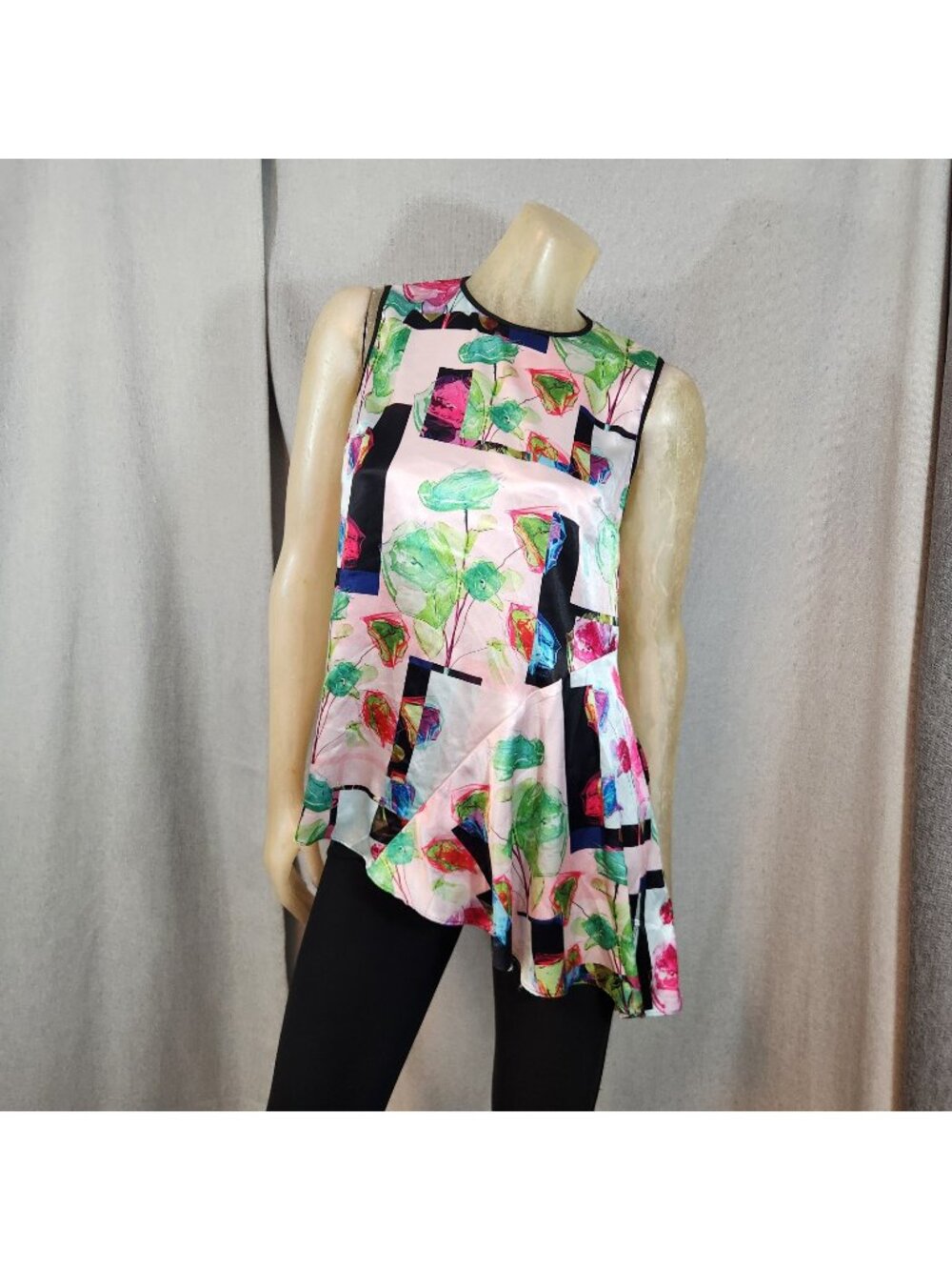 Clover Canyon Abstract Floral Pink Crew Neck Slvlss Assym Blouse Top Shirt LARGE